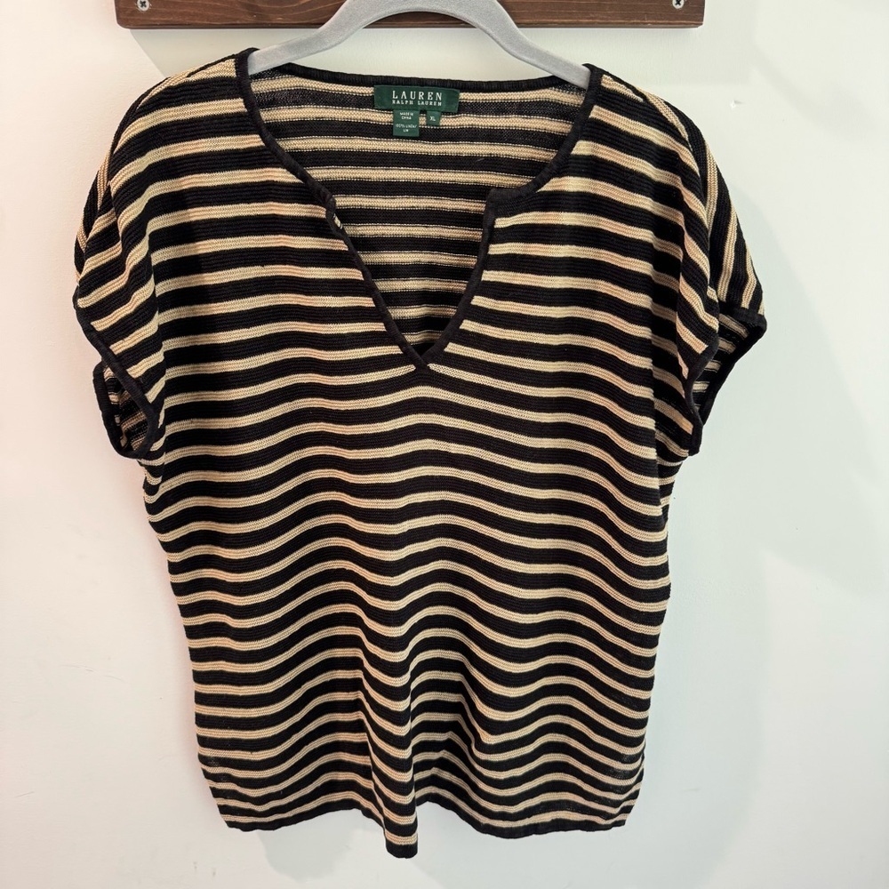 Lauren Ralph Lauren Womens XL Black Tan Striped 100% Linen V-Neck Knit Top